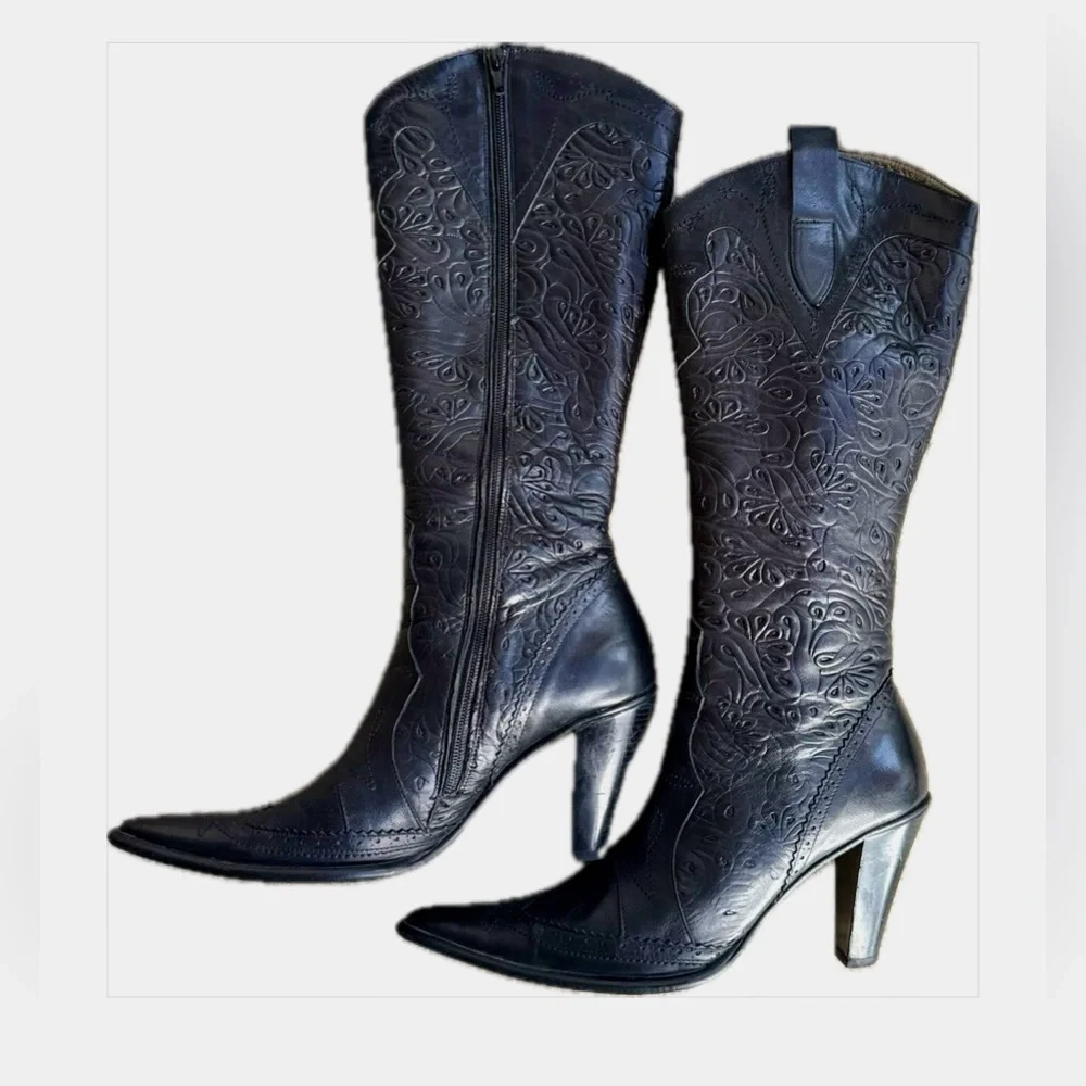 Genuine Leather Embroidered Black Tall Boots – Statement Heels - Picture 9 of 17